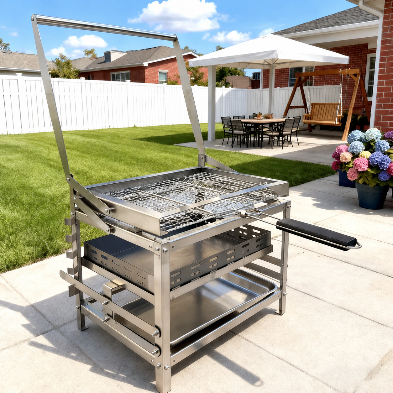 One-Turn rotating charcoal BBQ in an outdoor setting