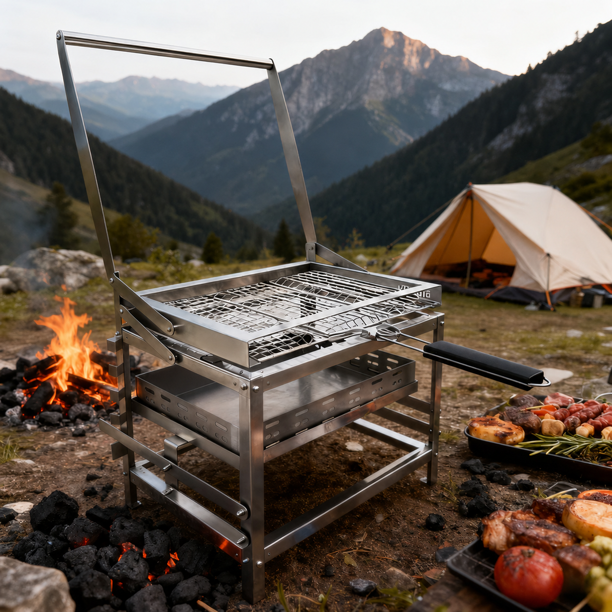 The rotating charcoal BBQ at an outdoor campsite
